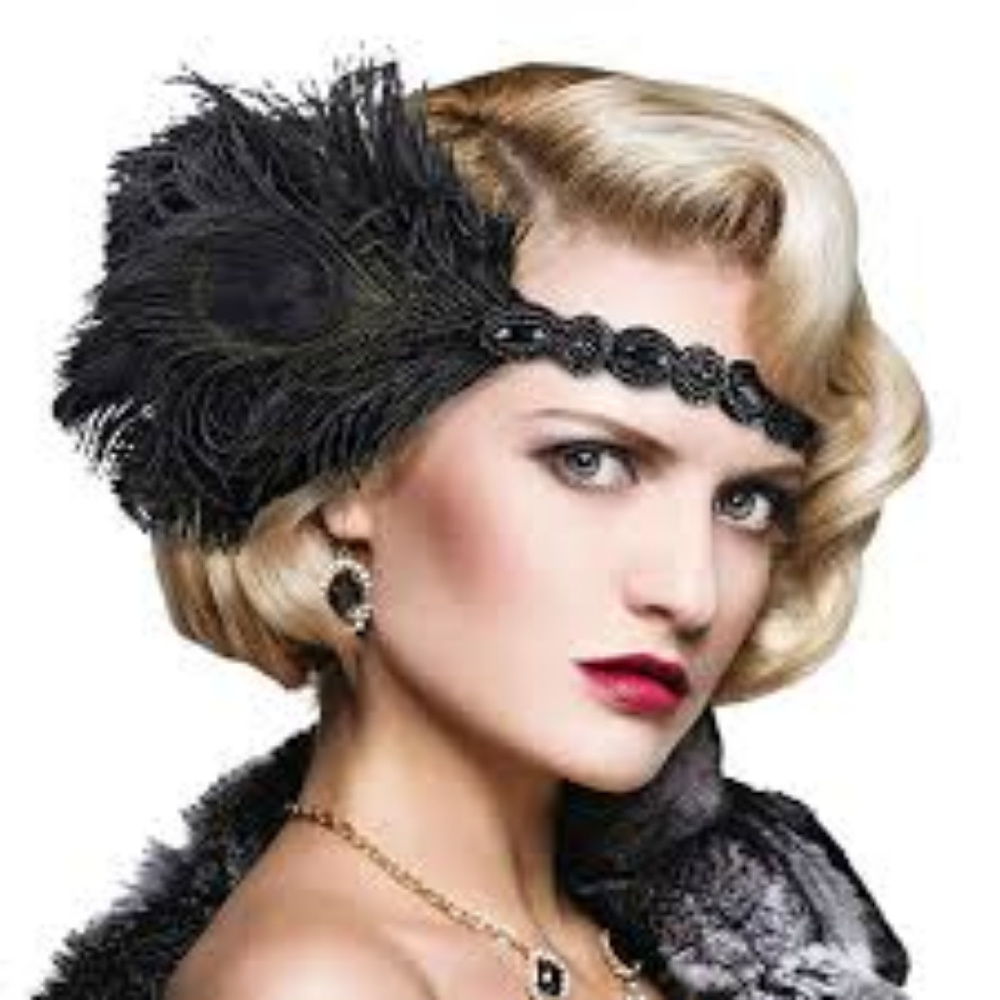 1920s Beaded Flapper Headband with Feather